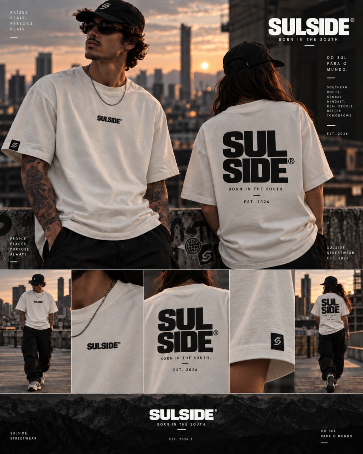 Campanha SULSIDE: pessoas usando a camiseta Stacked off-white, frente e costas