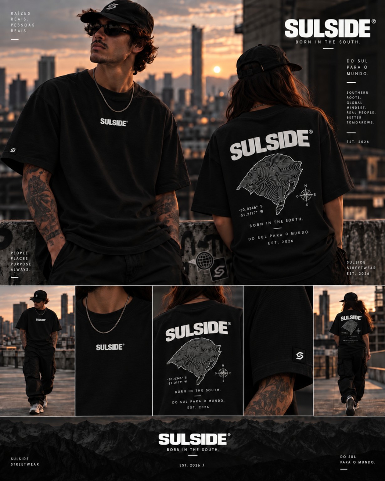 Campanha SULSIDE com pessoas usando a camiseta Topográfica preta